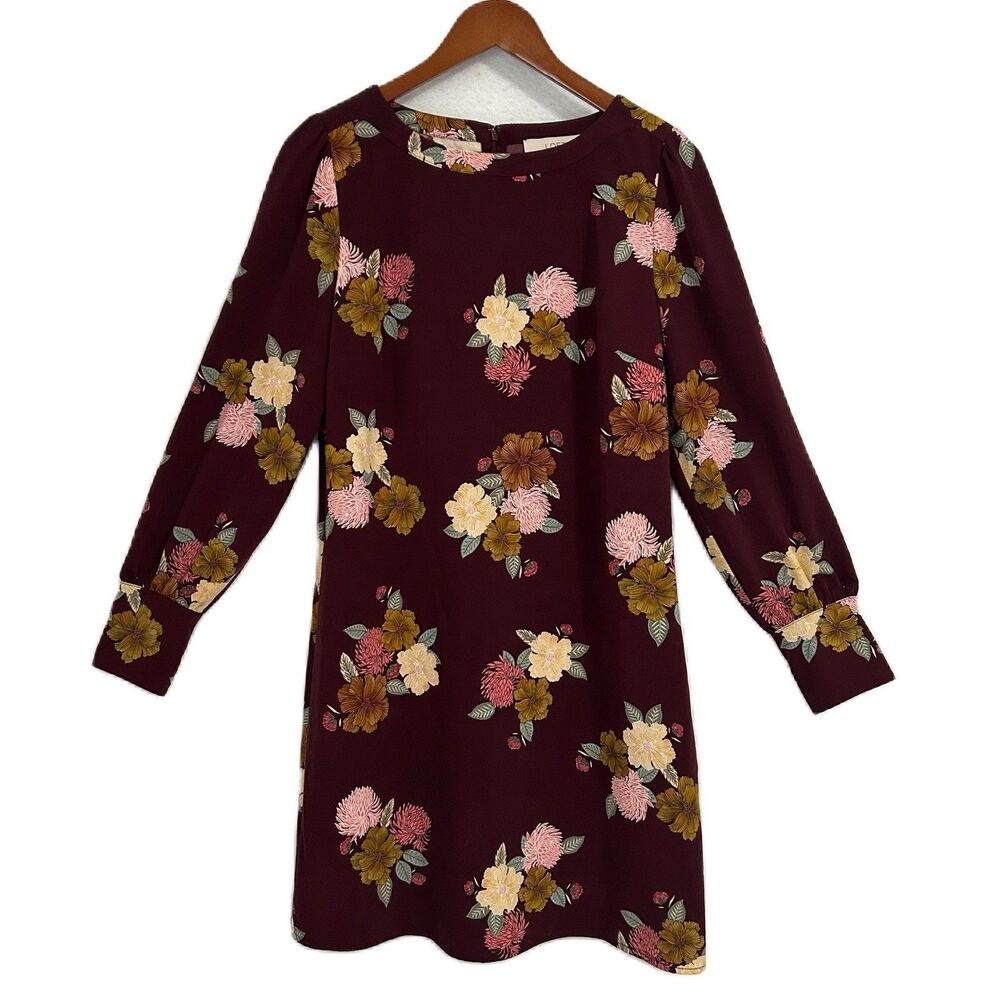 Loft Dress Women 8 Maroon Floral Long Sleeve Cottage Romantic Preppy Western